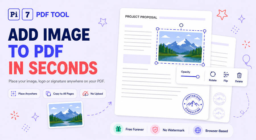 Add image to PDF online with Pi7 - insert a photo onto any page, resize, rotate, and copy it to every page