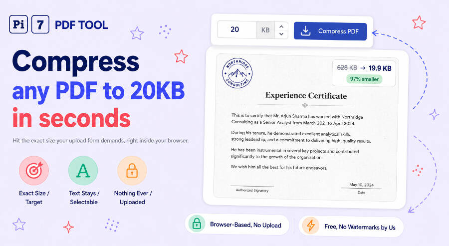Compress PDF to 20KB with Pi7 - a 628KB scanned certificate reduced to 19.9KB in the browser