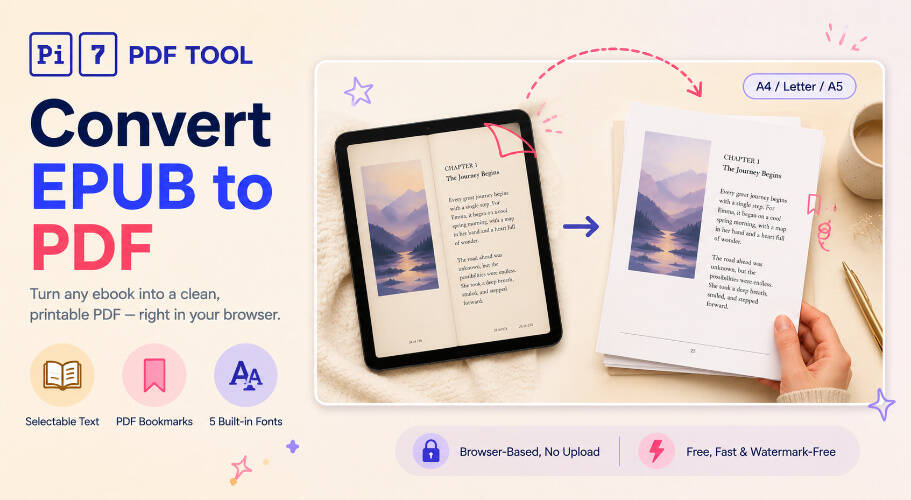EPUB to PDF converter - laying out an EPUB ebook as a printable PDF with custom page size, font, and theme using the Pi7 tool