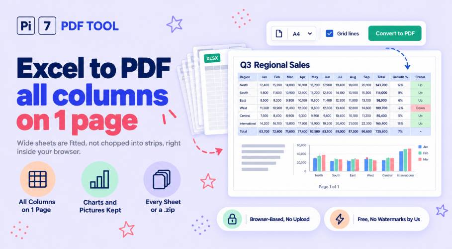 Excel to PDF converter fitting a wide spreadsheet with all its columns and a chart onto one PDF page with the Pi7 tool