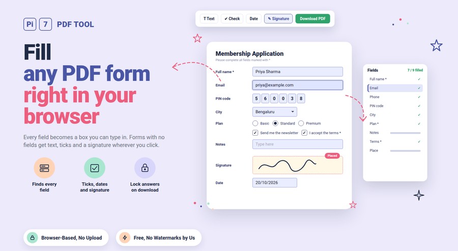 Fill PDF form online with the Pi7 PDF Form Filler - a form with detected fields, a field list on the side and a signature placed on the page