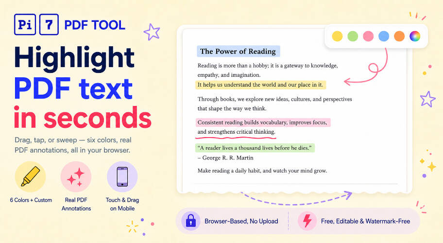 PDF Highlighter - highlighting text in a PDF online with the Pi7 free PDF highlighter, showing color swatches, opacity control, and highlighted passages