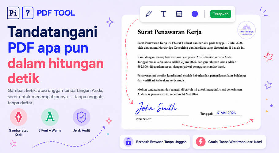 Tanda tangan PDF online gratis dengan Pi7 - gambar, ketik, atau unggah TTD dan tempel di halaman mana saja