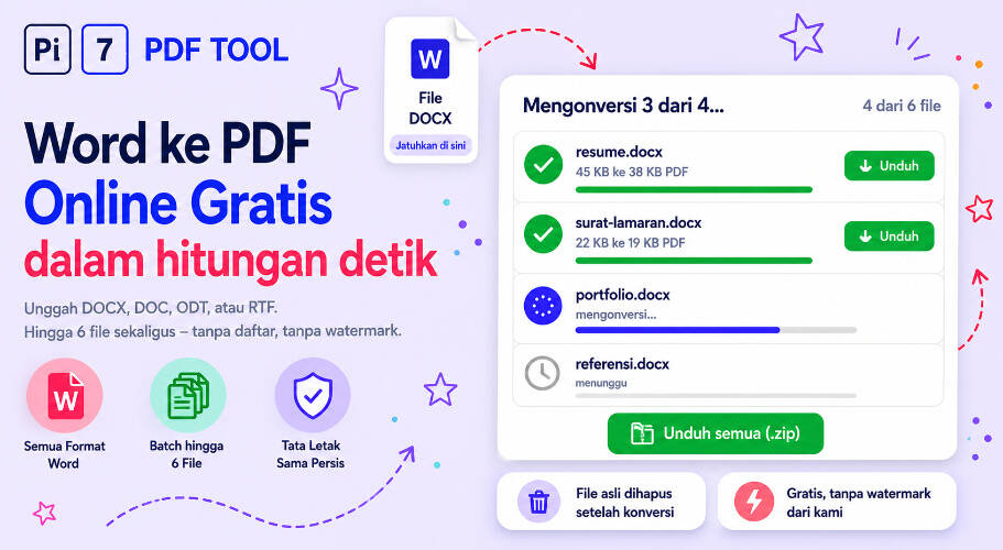 Ubah Word ke PDF online gratis dengan Pi7 - konversi batch DOCX, DOC, ODT atau RTF ke PDF dalam hitungan detik
