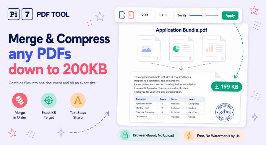 Several PDF files merged into one and compressed to 200KB with the Pi7 merge and compress tool