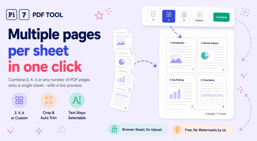 Multiple pages per sheet PDF tool - four PDF pages combined onto one sheet in a 2x2 grid with the Pi7 layout picker