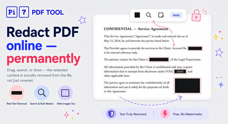 PDF Redactor Online - redacting text and hiding an image in a PDF with the Pi7 free PDF redactor, showing marked spans, search-and-redact, and a rectangle covering a chart