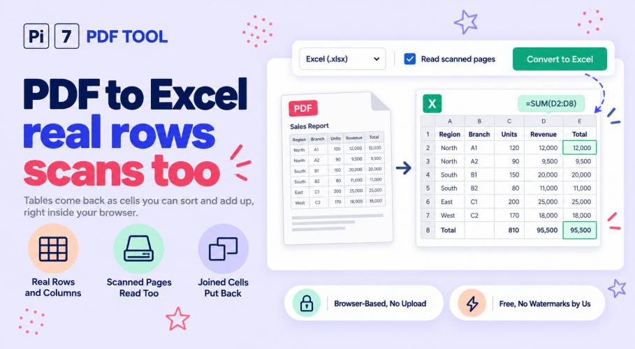 PDF to Excel converter turning a ruled table on a PDF page into a spreadsheet with real numbers using the Pi7 tool