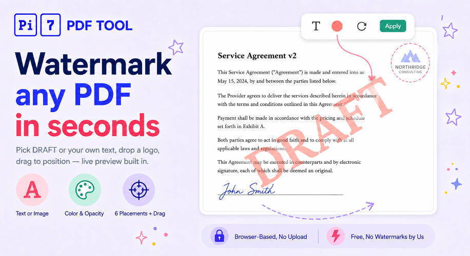 PDF Watermark online - adding a diagonal DRAFT watermark to a PDF with the Pi7 PDF Watermark tool, showing color, opacity and placement controls