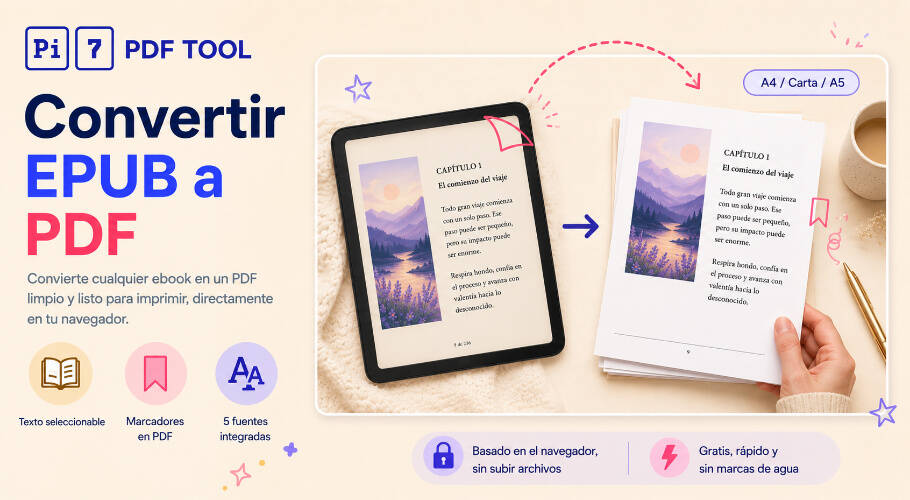 Conversor EPUB a PDF - convirtiendo un ebook EPUB en un PDF imprimible con tamaño de página, fuente y tema personalizados con la herramienta Pi7