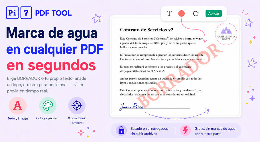 Marca de agua PDF online - poniendo una marca de agua BORRADOR diagonal en un PDF con la herramienta Pi7, mostrando controles de color, opacidad y colocación