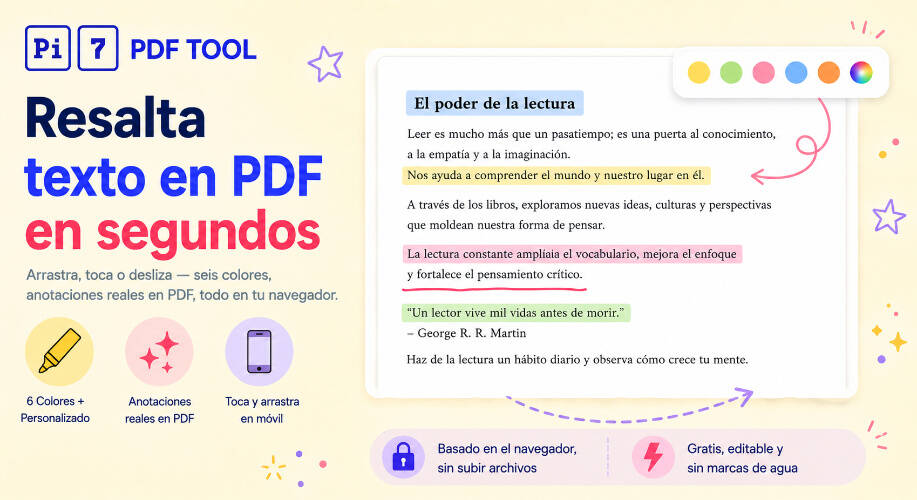 Resaltador PDF - resaltando texto en un PDF online con el resaltador gratis Pi7, mostrando colores, opacidad y pasajes resaltados