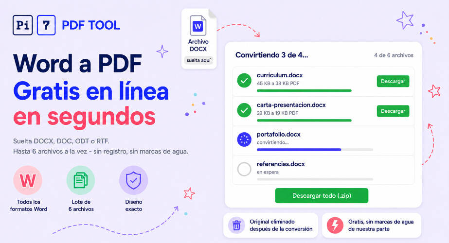 Convertir Word a PDF online gratis con Pi7 - convierte por lotes DOCX, DOC, ODT o RTF a PDFs limpios en segundos