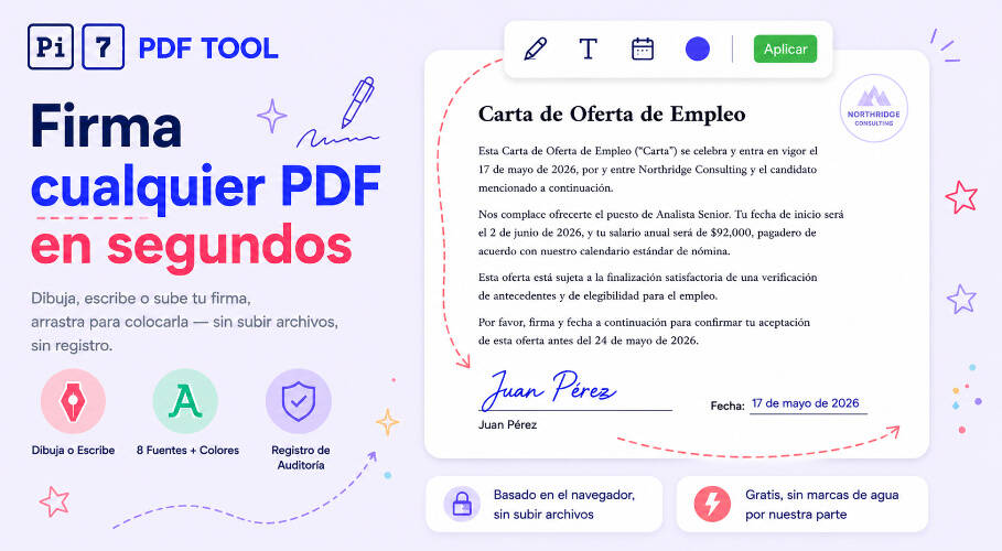 Firmar PDF online gratis con Pi7 - dibuja, escribe o sube tu firma y colócala en cualquier página