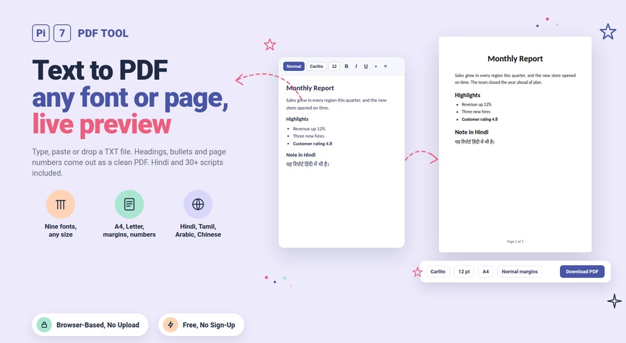 Convert text to PDF with Pi7: a rich text editor with a formatting toolbar on the left and the finished PDF page with a heading, bullets and a page number on the right